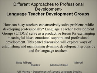 Re-imagining Professional Development through Language Teacher Development Groups  Nate Friberg Murad Khaliev  Merica McNeil UH Manoa – Department of Second Language Studies How can busy teachers constructively solve problems while developing professionally? Language Teacher Development Groups (LTDGs) serve as a productive forum for exchanging meaningful ideas, emotional support, and professional development. This panel discussion will explore ways of establishing and maintaining dynamic development groups by and for language teachers. 