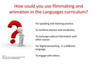 How could you use filmmaking and
animation in the Languages curriculum?

            For speaking and listening practice

            To reinforce themes and vocabulary

            To exchange cultural information with
            other classes

            For digital storytelling...in a different
            language

            To engage with others
 