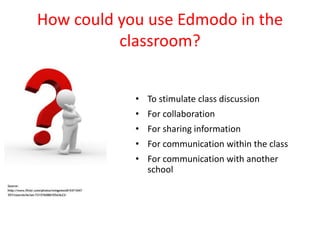 How could you use Edmodo in the
          classroom?


            • To stimulate class discussion
            • For collaboration
            • For sharing information
            • For communication within the class
            • For communication with another
              school
 