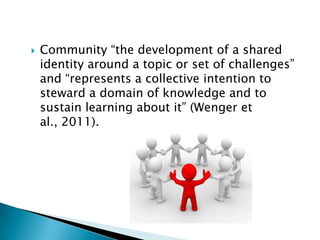 

Community “the development of a shared
identity around a topic or set of challenges”
and “represents a collective intention to
steward a domain of knowledge and to
sustain learning about it” (Wenger et
al., 2011).

 
