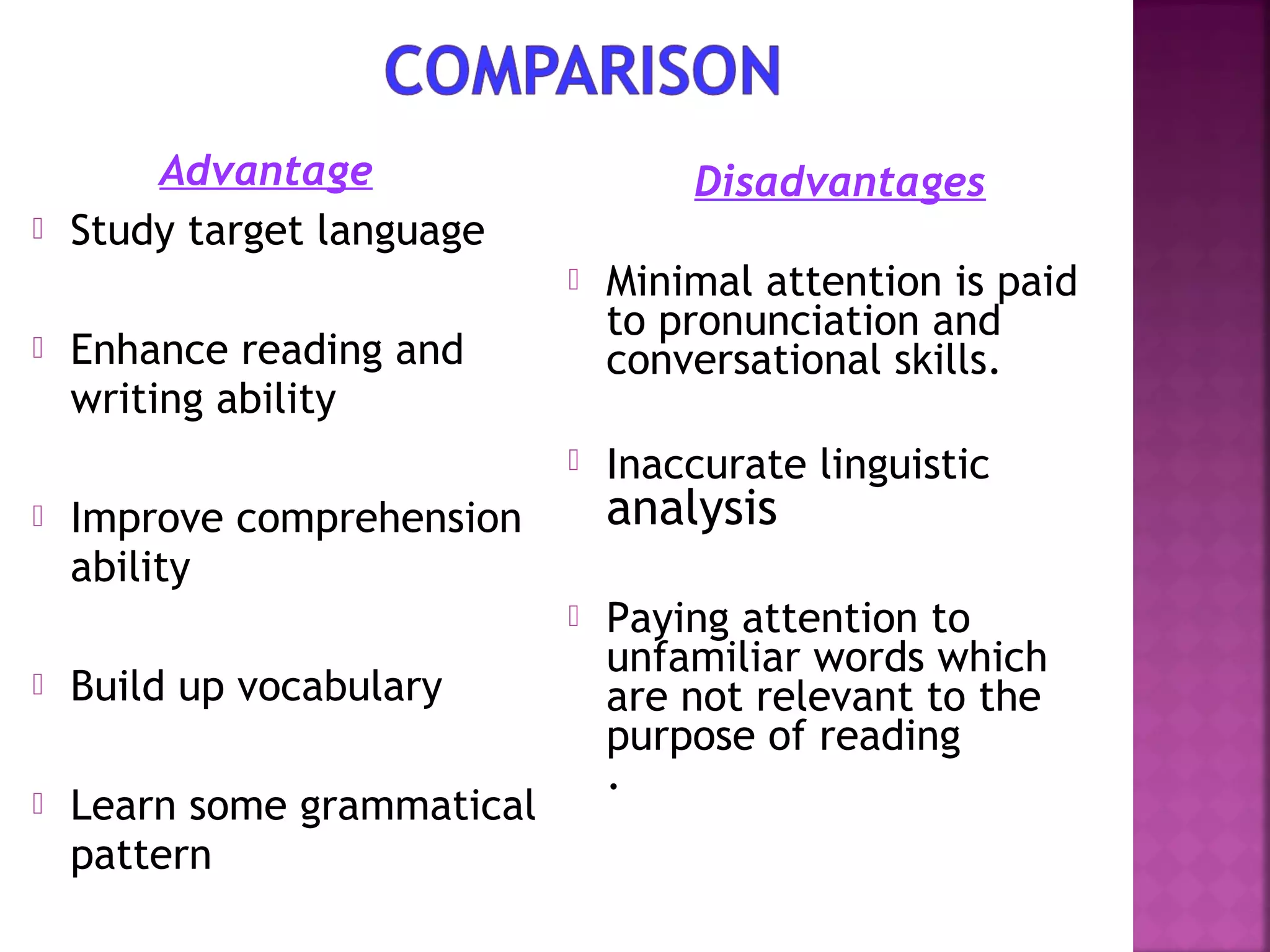 

Advantage
Study target language

Disadvantages








Minimal attention is paid
to pronunciation and
conversational skills.
Inaccurate linguistic

Enhance reading and
writing ability

analysis

Improve comprehension
ability




Build up vocabulary



Learn some grammatical
pattern

Paying attention to
unfamiliar words which
are not relevant to the
purpose of reading
.

 