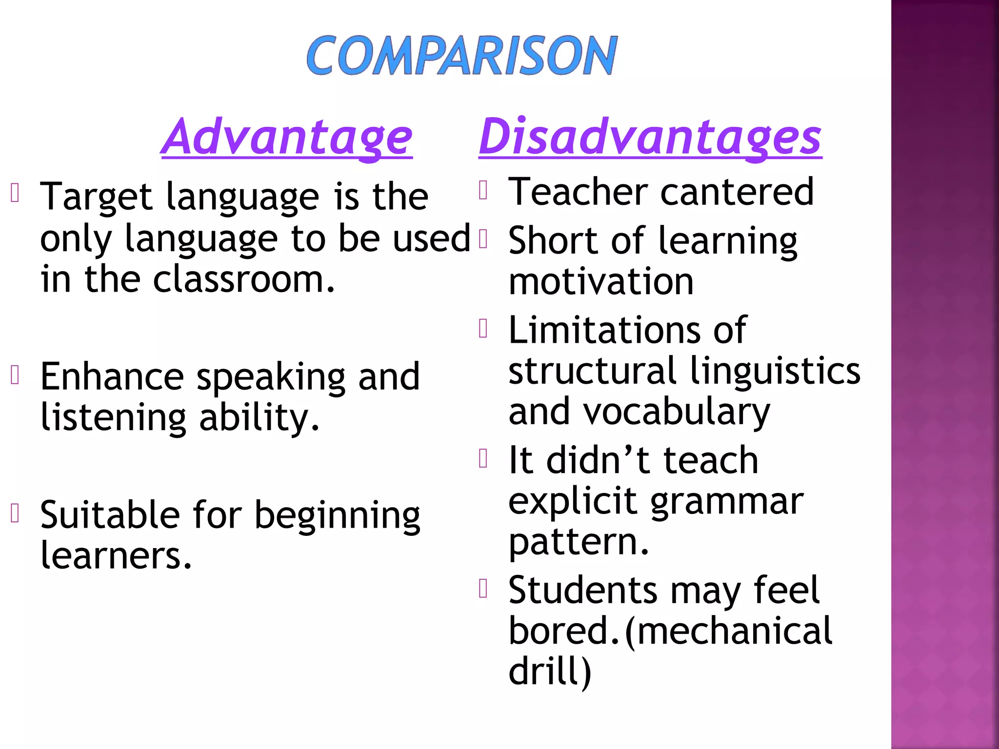 Advantage






Disadvantages

Target language is the  Teacher cantered
only language to be used  Short of learning
in the classroom.
motivation
 Limitations of
structural linguistics
Enhance speaking and
and vocabulary
listening ability.
 It didn’t teach
explicit grammar
Suitable for beginning
pattern.
learners.
 Students may feel
bored.(mechanical
drill)

 