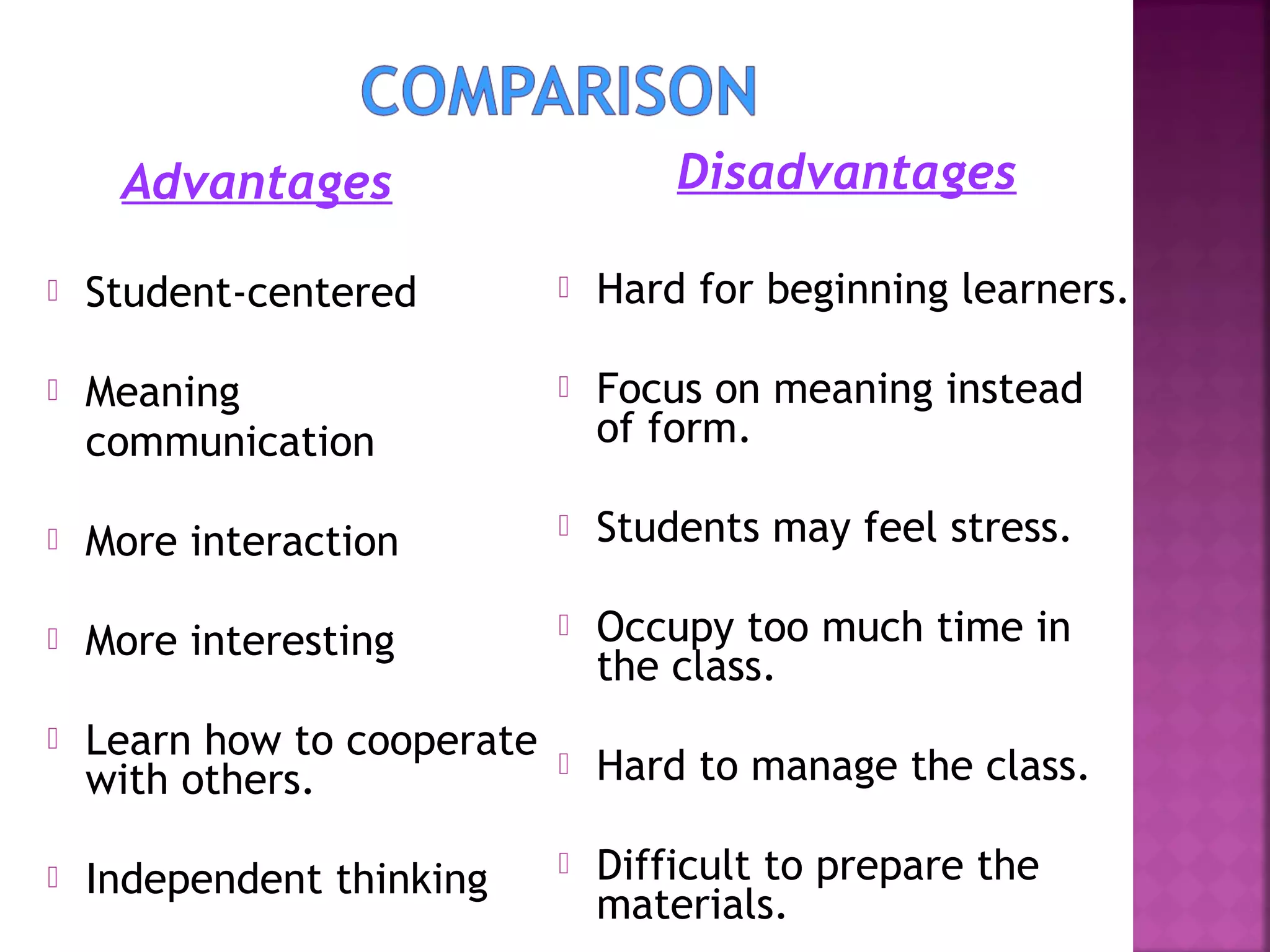 Disadvantages

Advantages


Student-centered



Hard for beginning learners.



Meaning
communication



Focus on meaning instead
of form.



More interaction



Students may feel stress.



More interesting



Occupy too much time in
the class.



Learn how to cooperate
with others.



Hard to manage the class.



Independent thinking



Difficult to prepare the
materials.

 