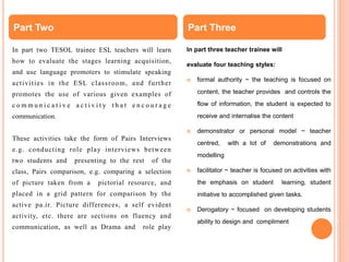 In part two TESOL trainee ESL teachers will learn
how to evaluate the stages learning acquisition,
and use language promoters to stimulate speaking
activities in the ESL classroom, and further
promotes the use of various given examples of
c o m m u n i c a t i v e a c t i v i t y t h a t e n c o u r a g e
communication.
These activities take the form of Pairs Interviews
e.g. conducting role play interviews between
two students and presenting to the rest of the
class, Pairs comparison, e.g. comparing a selection
of picture taken from a pictorial resource, and
placed in a grid pattern for comparison by the
active pa.ir. Picture differences, a self evident
activity, etc. there are sections on fluency and
communication, as well as Drama and role play
In part three teacher trainee will
evaluate four teaching styles:
 formal authority ~ the teaching is focused on
content, the teacher provides and controls the
flow of information, the student is expected to
receive and internalise the content
 demonstrator or personal model ~ teacher
centred, with a lot of demonstrations and
modelling
 facilitator ~ teacher is focused on activities with
the emphasis on student learning, student
initiative to accomplished given tasks.
 Derogatory ~ focused on developing students
ability to design and compliment
Part Two Part Three
 