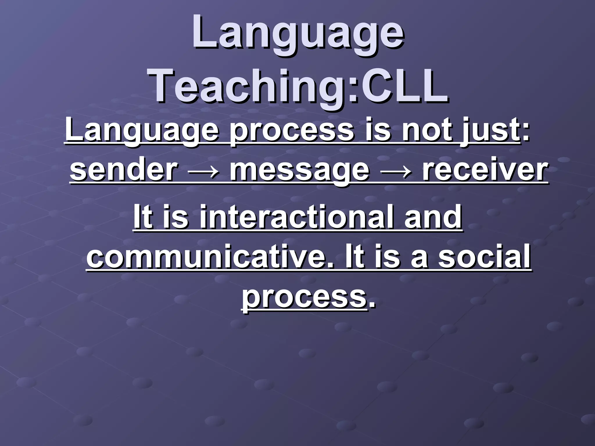 Language
     Teaching:CLL
Language process is not just:
sender → message → receiver
    It is interactional and
 communicative. It is a social
             process.
 
