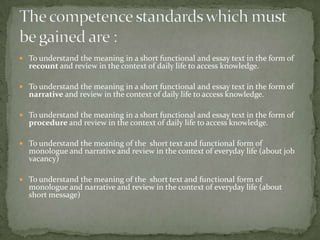  To understand the meaning in a short functional and essay text in the form of
recount and review in the context of daily life to access knowledge.
 To understand the meaning in a short functional and essay text in the form of
narrative and review in the context of daily life to access knowledge.
 To understand the meaning in a short functional and essay text in the form of
procedure and review in the context of daily life to access knowledge.
 To understand the meaning of the short text and functional form of
monologue and narrative and review in the context of everyday life (about job
vacancy)
 To understand the meaning of the short text and functional form of
monologue and narrative and review in the context of everyday life (about
short message)
 
