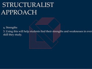  Strengths
3. Using this will help students find their strengths and weaknesses in every
skill they study.
STRUCTURALIST
APPROACH
 