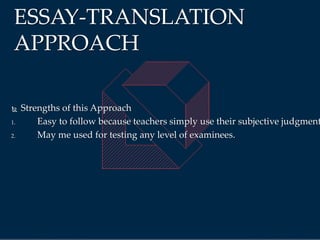  Strengths of this Approach
1. Easy to follow because teachers simply use their subjective judgment
2. May me used for testing any level of examinees.
ESSAY-TRANSLATION
APPROACH
 