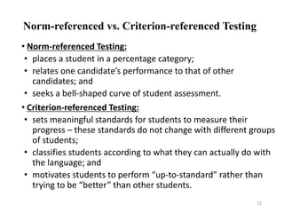 Norm-referenced vs. Criterion-referenced Testing
• Norm-referenced Testing:
• places a student in a percentage category;
• relates one candidate’s performance to that of other
candidates; and
• seeks a bell-shaped curve of student assessment.
• Criterion-referenced Testing:
• sets meaningful standards for students to measure their
progress – these standards do not change with different groups
of students;
• classifies students according to what they can actually do with
the language; and
• motivates students to perform “up-to-standard” rather than
trying to be “better” than other students.
15
 
