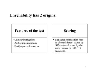 Unreliability has 2 origins:
Features of the test
• Unclear instructions
• Ambiguous questions
• Easily-guessed answers
Scoring
• The same composition may
be given different scores by
different markers or by the
same marker on different
occasions.
5
 