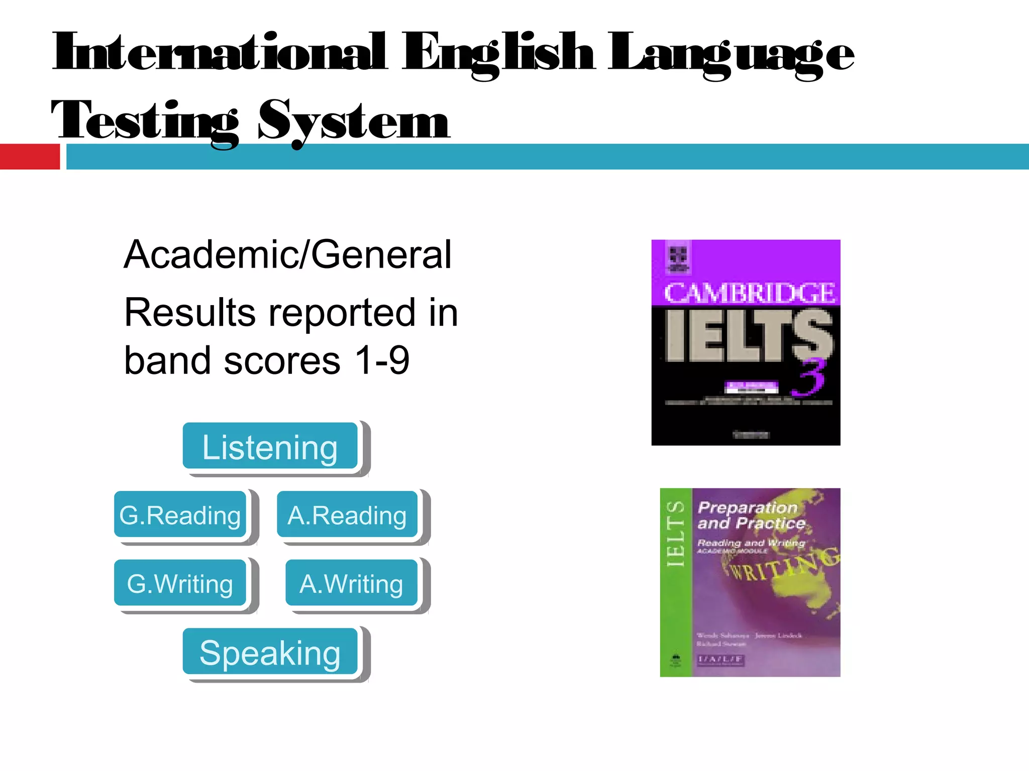 International English Language
Testing System
Academic/General
Results reported in
band scores 1-9
ListeningListening
G.ReadingG.Reading A.ReadingA.Reading
G.WritingG.Writing A.WritingA.Writing
SpeakingSpeaking
 