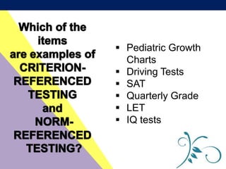  Pediatric Growth
Charts
 Driving Tests
 SAT
 Quarterly Grade
 LET
 IQ tests
 