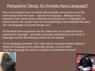 Perspective Taking: Do Animals Have Language?
Few controversies have so divided the scientific community as has the
controversy about the apes’ capacity for language. Although many
scientists have made serious attempts at rearing apes in language-rich
environments, the results have not overwhelmingly demonstrated that apes
can use language as human beings us it.
At the heart of the argument are the criteria we use to determine true
capacity for language. Generally, scientists specializing in the study of
language impose the following criteria for the debate:
•Is the language symbolic: Can it be used to represent absent objects?
•Does the language have systematic syntax, or word order?
•Can the language be used in a creative or productive manner?
 