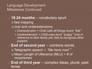 Language Development:
Milestones Continued
 18-24 months – vocabulary spurt
 fast mapping
 over and underextensions
 Overextension = Child calls all things round “ball”
 Underextension = Child uses word “puppy” only in
reference to their family pet, fails to recognize other
puppies
 End of second year – combine words
 Telegraphic speech = “Me have now!”
 Mean Length of Utterance (MLU) = # of
morphemes
 End of third year – complex ideas, plural, past
tense
 