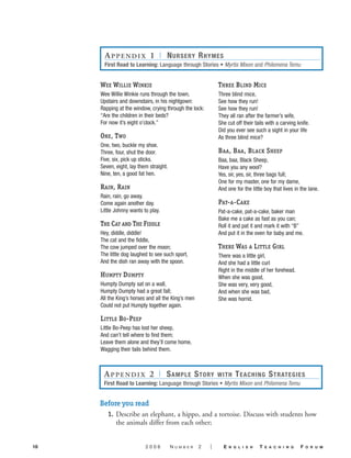 A P P E N D I X 1 | N URSERY R HYMES
      First Road to Learning: Language through Stories • Myrtis Mixon and Philomena Temu


     WEE WILLIE WINKIE                                      THREE BLIND MICE
     Wee Willie Winkie runs through the town,               Three blind mice,
     Upstairs and downstairs, in his nightgown:             See how they run!
     Rapping at the window, crying through the lock:        See how they run!
     “Are the children in their beds?                       They all ran after the farmer’s wife,
     For now it’s eight o’clock.”                           She cut off their tails with a carving knife.
                                                            Did you ever see such a sight in your life
     ONE, T WO                                              As three blind mice?
     One, two, buckle my shoe.
     Three, four, shut the door.                            B AA, B AA, BLACK SHEEP
     Five, six, pick up sticks.                             Baa, baa, Black Sheep,
     Seven, eight, lay them straight.                       Have you any wool?
     Nine, ten, a good fat hen.                             Yes, sir, yes, sir, three bags full;
                                                            One for my master, one for my dame,
     RAIN, RAIN                                             And one for the little boy that lives in the lane.
     Rain, rain, go away.
     Come again another day.                                PAT-A-C AKE
     Little Johnny wants to play.                           Pat-a-cake, pat-a-cake, baker man
                                                            Bake me a cake as fast as you can;
     THE CAT AND THE FIDDLE                                 Roll it and pat it and mark it with “B”
     Hey, diddle, diddle!                                   And put it in the oven for baby and me.
     The cat and the fiddle,
     The cow jumped over the moon;                          THERE WAS A LITTLE GIRL
     The little dog laughed to see such sport,              There was a little girl,
     And the dish ran away with the spoon.                  And she had a little curl
                                                            Right in the middle of her forehead.
     HUMPTY DUMPTY                                          When she was good,
     Humpty Dumpty sat on a wall,                           She was very, very good,
     Humpty Dumpty had a great fall;                        And when she was bad,
     All the King’s horses and all the King’s men           She was horrid.
     Could not put Humpty together again.

     LITTLE BO -PEEP
     Little Bo-Peep has lost her sheep,
     And can’t tell where to find them;
     Leave them alone and they’ll come home,
     Wagging their tails behind them.



      A P P E N D I X 2 | S AMPLE S TORY                    WITH     T EACHING S TRATEGIES
      First Road to Learning: Language through Stories • Myrtis Mixon and Philomena Temu


     Before you read
        1. Describe an elephant, a hippo, and a tortoise. Discuss with students how
           the animals differ from each other;


18                        2006          NUMBER      2   |     E   N G L I S H   T   E A C H I N G   F   O R U M
 