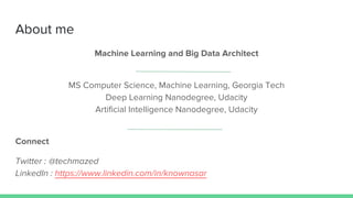About me
Machine Learning and Big Data Architect
MS Computer Science, Machine Learning, Georgia Tech
Deep Learning Nanodegree, Udacity
Artificial Intelligence Nanodegree, Udacity
Connect
Twitter : @techmazed
LinkedIn : https://www.linkedin.com/in/knownasar
 
