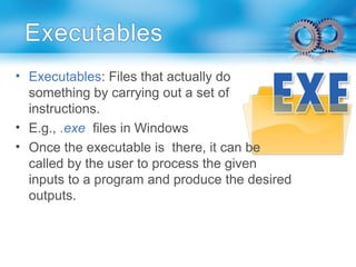 • Executables: Files that actually do
something by carrying out a set of
instructions.
• E.g., .exe files in Windows
• Once the executable is there, it can be
called by the user to process the given
inputs to a program and produce the desired
outputs.
 