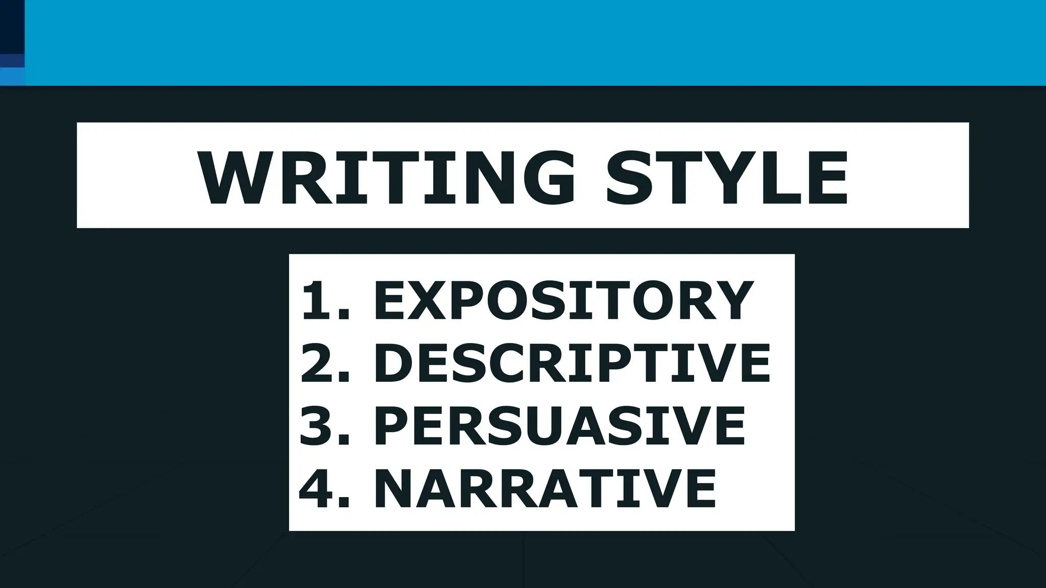 WRITING STYLE
1. EXPOSITORY
2. DESCRIPTIVE
3. PERSUASIVE
4. NARRATIVE
 