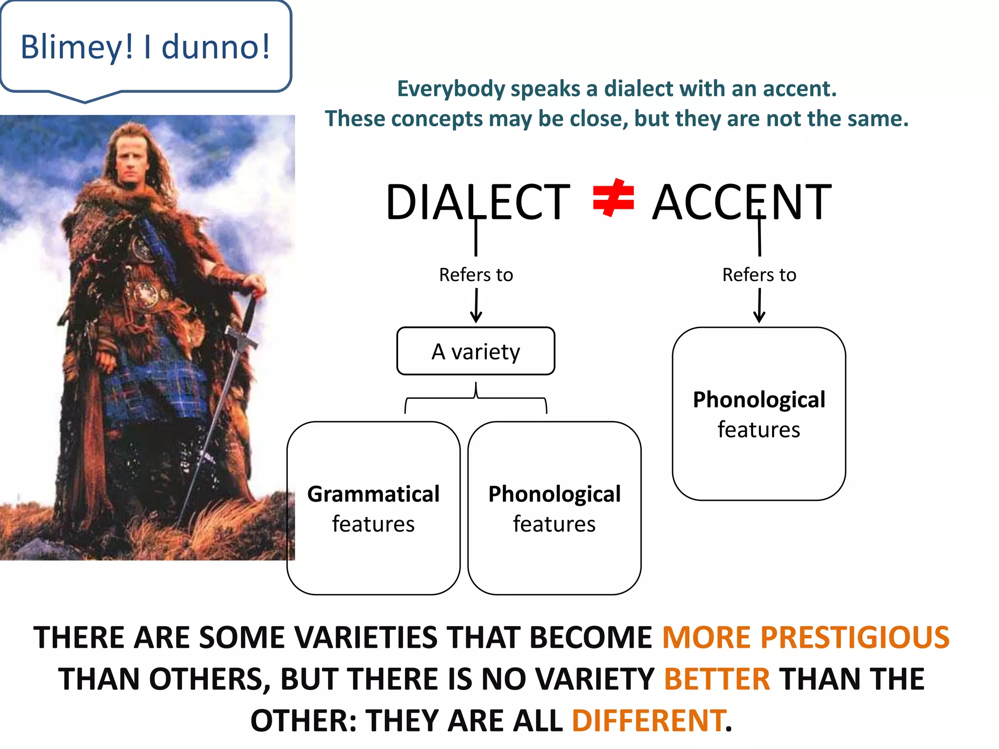 Blimey! I dunno!
                           Everybody speaks a dialect with an accent.
                    These concepts may be close, but they are not the same.


                         DIALECT                  ACCENT
                              Refers to                  Refers to


                              A variety
                                                      Phonological
                                                        features

                   Grammatical     Phonological
                     features        features



THERE ARE SOME VARIETIES THAT BECOME MORE PRESTIGIOUS
 THAN OTHERS, BUT THERE IS NO VARIETY BETTER THAN THE
            OTHER: THEY ARE ALL DIFFERENT.
 