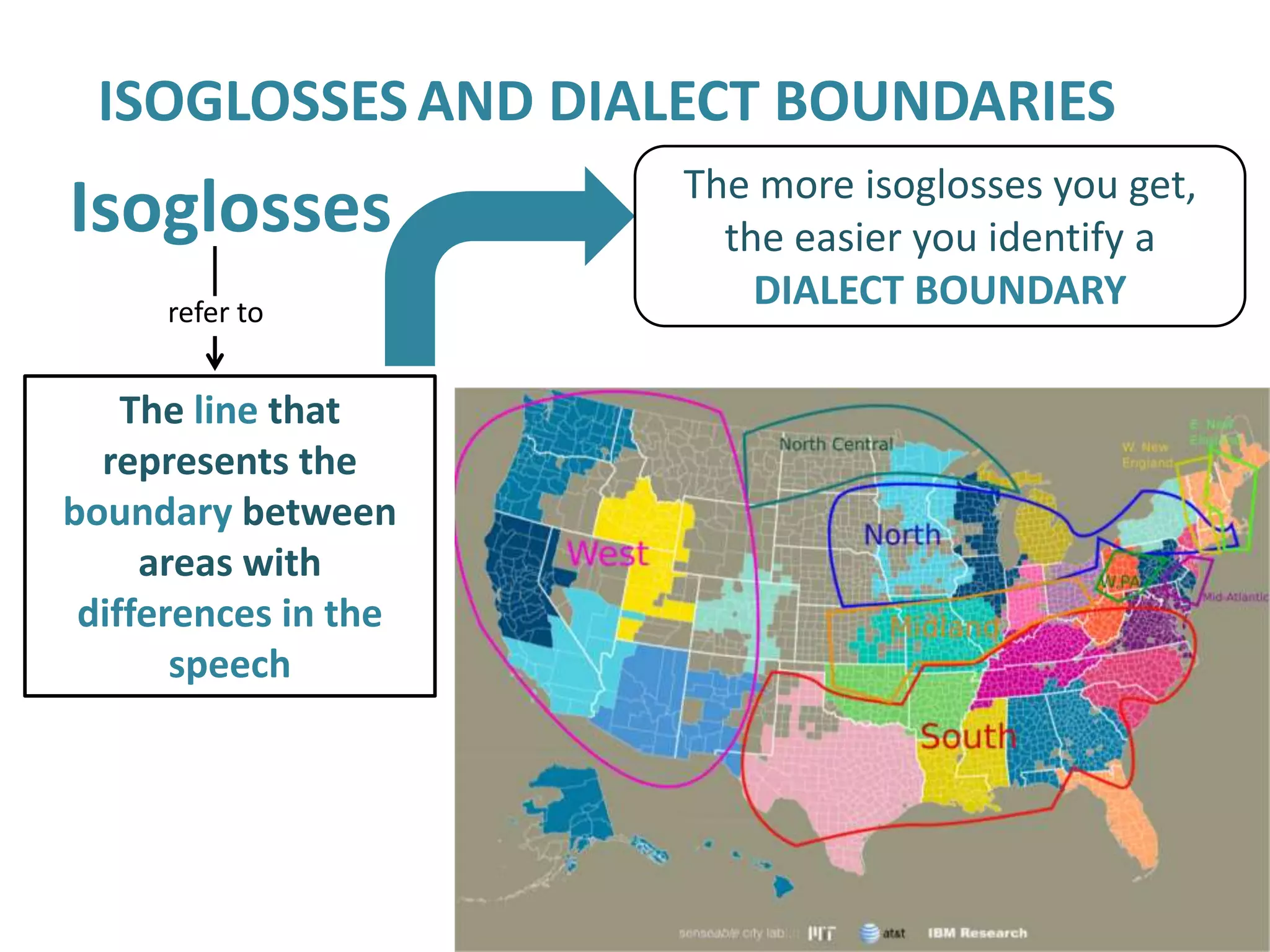 ISOGLOSSES AND DIALECT BOUNDARIES
                      The more isoglosses you get,
Isoglosses              the easier you identify a
     refer to
                          DIALECT BOUNDARY

    The line that
  represents the
boundary between
     areas with
 differences in the
       speech
 