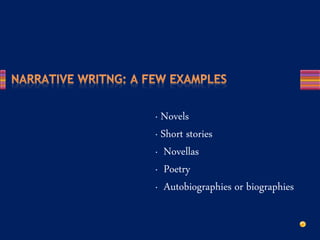 · Novels
· Short stories
· Novellas
· Poetry
· Autobiographies or biographies
 