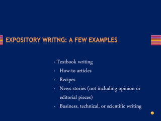 · Textbook writing
· How-to articles
· Recipes
· News stories (not including opinion or
editorial pieces)
· Business, technical, or scientific writing
 