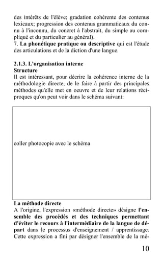 10
des intérêts de l'élève; gradation cohérente des contenus
lexicaux; progression des contenus grammaticaux du con-
nu à l'inconnu, du concret à l'abstrait, du simple au com-
pliqué et du particulier au général).
7. La phonétique pratique ou descriptive qui est l'étude
des articulations et de la diction d'une langue.
2.1.3. L'organisation interne
Structure
Il est intéressant, pour décrire la cohérence interne de la
méthodologie directe, de le faire à partir des principales
méthodes qu'elle met en oeuvre et de leur relations réci-
proques qu'on peut voir dans le schéma suivant:
coller photocopie avec le schéma
La méthode directe
A l'origine, l'expression «méthode directe» désigne l'en-
semble des procédés et des techniques permettant
d'éviter le recours à l'intermédiaire de la langue de dé-
part dans le processus d'enseignement / apprentissage.
Cette expression a fini par désigner l'ensemble de la mé-
 