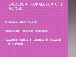 Erliebea: Menditsua da. Kokalekua: Europako erdialdean Mugak:I-Polonia, H-Austria, E-Eslovakia,  M-Alemania 