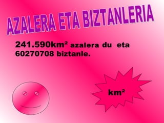 AZALERA ETA BIZTANLERIA 241.590km ²   azalera  du  eta 60270708 biztanle. km ²   