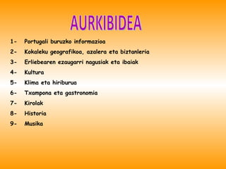 AURKIBIDEA 1-  Portugali  buruzko  informazioa 2-  Kokaleku geografikoa, azalera eta biztanleria 3-  Erliebearen ezaugarri nagusiak eta ibaiak  4-  Kultura 5-  Klima eta hiriburua 6-  Txampona eta gastronomia 7-  Kirolak 8-  Historia 9-  Musika 