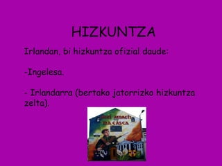 HIZKUNTZA Irlandan, bi hizkuntza ofizial daude: -Ingelesa. - Irlandarra (bertako jatorrizko hizkuntza zelta). 