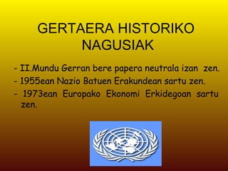 - II.Mundu Gerran bere papera neutrala izan  zen. - 1955ean Nazio Batuen Erakundean sartu zen. - 1973ean Europako Ekonomi Erkidegoan sartu  zen. GERTAERA HISTORIKO  NAGUSIAK 