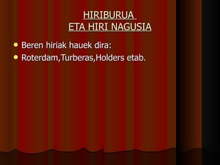 HIRIBURUA  ETA HIRI NAGUSIA Beren hiriak hauek dira: Roterdam,Turberas,Holders etab. 