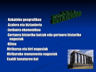 ·  Kokaleku  geo grafikoa ·  Azalera eta biztanleria · Jarduera ekonomikoa · Gertaera historiko batzuk edo gertaera historiko nagusiak · Klima ·Hiriburua eta hiri nagusiak · Hiriburuko monumentu nagusiak · Esaldi   famaturen bat   aurkibidea 