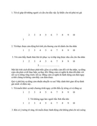 1. Tôisẽ giúp đỡ những người có cần cho dầu việc ấy khiến cho tôi phải trả giá
1
2 3 4 5 6 7 8 9 10
2. Tôithực được cảm động bởi tình yêu thương của tôi dành cho tha nhân
1 2 3 4 5 6 7 8 9 10
3. Tôi cảm thấy thanh thản khi tôi phục vụ và đáp ứng được nhu cần cho tha nhân
1 2 3 4 5 6 7 8 9 10
3. ……………………..
Một khi tính cách đã được phát triển gồm cả sự thấu cảm đối với tha nhân, sự dũng
cảm cần phải có để thực hiện sự thay đổi. Dũng cảm có nghĩa là dám đốidiện với
nỗi sợ và đứng vững trước nỗi sợ. Dũng cảm có nghĩa là hành động can đảm ngay
cả khi chúng ta không cảm thấy can đảm được.
Quí vị phô bày sự dũng cảm nhuần nhuyễn ra sao? Hãy dành thời gian để tự đánh
giá mình về điểm này .
1. Tôimuốn khởi sự một chương trình ngay cả khi điều ấy trông có vẻ đáng sợ
1 2 3 4 5 6 7 8 9 10
2. Tôi không ngại làm người liều lĩnh đầu tiên
1 2 3 4 5 6 7 8 9 10
3. Khi có ý tưởng rõ ràng, tôi muốn được hành động chứ không phải chỉ nói suông
 