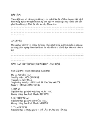 BÀI TẬP :
Trong khi xem xét các nguyên tắc này, xin quí vị liên hệ với bản thân để biết mình
hiện ở cấp độ nào trong mối quan hệ lãnh đạo với thuộc cấp. Hãy viết ra xem cần
phải làm những gì để có thể tiến lên cấp độ cao hơn.
………………………………………………………………………………………
………………………………………………………………………………………
………………………………………………………………………………………
………………
ÁP DỤNG :
Quí vị phải trăn trở với những điều nào nhiếu nhất trong quá trình đạt đến các cấp
độ trong chức nghiệp lãnh đạo? Làm thế nào để quí vị có thể thực hiện các cấp độ
ấy?
………………………………………………………………………………………
………………………………………………………………………………………
………………………………………………………………………………………
………………
NĂM CẤP ĐỘ TRONG CHỨC NGHIỆP LÃNH ĐẠO
Năm Cấp Độ Trong Chức Nghiệp Lãnh Đạo
Địa vị - QUYỀN HẠN
Sự chấp nhận - MỐI QUAN HỆ
Thành tích - KẾT QUẢ
Sự gia tăng nhân lực - SỰ PHÁT TRIỂN CON NGƯỜI
Nhân vị - SỰ NGƯỠNG VỌNG
1. ĐỊA VỊ
Người ta theo quí vị vì buộc lòng PHẢI THEO
Gương chứng theo Kinh Thánh: RÔBÔAM
2. SỰ CHẤP NHẬN
Người ta theo quí vị vì họ MUỐN THEO
Gương chứng theo Kinh Thánh: NÊHÊMI
3. THÀNH TÍCH
Người ta theo vì những gì quí vị ĐÃ LÀM ĐƯỢC cho Tổ Chức
 