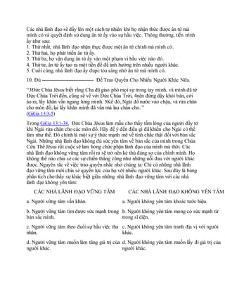 Các nhà lãnh đạo sẽ dấy lên một cách tự nhiên khi họ nhận thức được ân tứ mà
mình có và quyết định sử dụng ân tứ ấy vào sự hầu việc. Thông thường, tiến trình
ấy như sau:
1. Thứ nhất, nhà lãnh đạo nhận thực được một ân tứ chính mà mình có.
2. Thứ hai, họ phát triển ân tứ ấy.
3. Thứ ba, họ vận dụng ân tứ ấy vào một phạm vi hầu việc nào đó.
4. Thứ tư, ân tứ ấy tạo ra một tiền đề để ảnh hưởng trên nhiều người khác.
5. Cuối cùng, nhà lãnh đạo ấy đupc tỏa sáng nhờ ân tứ mà mình có.
10. Đủ ------------------------------- Để Trao Quyền Cho Nhiều Người Khác Nữa.
“3Đức Chúa Jêsus biết rằng Cha đã giao phó mọi sự trong tay mình, và mình đã từ
Đức Chúa Trời đến, cũng sẽ về với Đức Chúa Trời, 4nên đứng dậy khỏi bàn, cởi
áo ra, lấy khăn vấn ngang lưng mình. 5Kế đó, Ngài đổ nước vào chậu, và rửa chân
cho môn đồ, lại lấy khăn mình đã vấn mà lau chân cho. ”
(GiGa 13:3-5)
Trong GiGa 13:1-38, Đức Chúa Jêsus làm mẫu cho thấy tấm lòng của người đầy tớ
khi Ngài rửa chân cho các môn đồ. Hãy để ý đến điều gì đã khiến cho Ngài có thể
làm như thế. Đó chính là một sự ý thức mạnh mẽ về tính chắc thật đốivới bản sắc
Ngài. Những nhà lãnh đạo không đủ sức yên tâm về bản sắc của mình trong Chúa
Cứu Thế Jêsus rốt cuộc sẽ làm hỏng chức phận lãnh đạo của mình mà thôi. Các
nhà lãnh đạo không vững tâm rồi ra sẽ trở nên kẻ thù đáng sợ của chính mình. Họ
không thể nào chia sẻ các sự chiến thắng cũng như những nỗi đau với người khác
được. Nguyên tắc về việc trao quyền nhắc nhở chúng ta: Chỉ có những nhà lãnh
đạo vững tâm mới chia sẻ quyền lực của họ với nhiều người khác. Sau đây là bảng
phân tích cho thấy sự khác biệt giữa những nhà lãnh đạo vững tâm với các nhà
lãnh đạo không yên tâm:
CÁC NHÀ LÃNH ĐẠO VỮNG TÂM CÁC NHÀ LÃNH ĐẠO KHÔNG YÊN TÂM
a. Người vững tâm vấn khăn. a. Người không yên tâm khoác tước hiệu.
b. Người vững tâm tìm được sức mạnh trong
bản sắc mình.
b. Người không yên tâm mong có sức mạnh từ
trong sĩ diện.
c. Người vững tâm theo đuổisự hầu việc tha
nhân.
c. Người không yên tâm tranh địa vị với người
khác.
d. Người vững tâm muốn làm tăng giá trị của
người khác.
d. Người không yên tâm muốn lấy đi giá trị của
người khác.
 