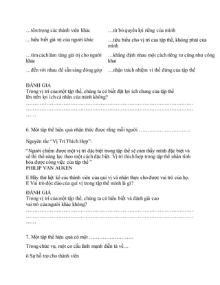…tôn trọng các thành viên khác …từ bỏ quyền lợi riêng của mình
…hiểu biết giá trị của người khác …tiêu biểu cho vị trí của tập thể, không phải của
mình
…tìm cách làm tăng giá trị cho người
khác
…khẳng định nhau một cáchriêng tư cũng như công
khai
…đến với nhau để sẵn sàng đóng góp …nhận trách nhiệm vì thế đứng của tập thể
ÐÁNH GIÁ
Trong vị trí của một tập thể, chúng ta có biết đặt lợi íchchung của tập thể
lên trên lợi ích cá nhân của mình không?
………………………………………………………………………………………
………………………………………………………………………………………
……
6. Một tập thể hiệu quả nhận thức được rằng mỗi người …………………………
Nguyên tắc “Vị Trí Thích Hợp”:
“Người chiếm được một vị trí đặc biệt trong tập thể sẽ cảm thấy mình đặc biệt và
sẽ thi thố năng lực theo một cách đặc biệt. Vị trí thích hợp trong tập thể nhân tính
hóa được công việc của tập thể ”
PHILIP VAN AUKEN
E Hãy thử liệt kê các thành viên của quí vị và nhận thực cho được vai trò của họ.
E Vai trò độc đáo của quí vị trong tập thể mình là gì?
ÐÁNH GIÁ
Trong vị trí của một tập thể, chúng ta có hiểu biết và đánh giá cao
vai trò của người khác không?
………………………………………………………………………………………
………………………………………………………………………………………
……
7. Một tập thể hiệu quả có một ……………………..
Trong chức vụ, một cơ cấu lành mạnh diễn tả về…
ö Sự hỗ trợ cho thành viên
 