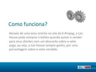 Como funciona?
Através de uma conta de Ponto de Venda no site da
E-Prepag é possível vender créditos para seus cliente
com um desconto sobre o valor pago. Com isso seu
estabelecimento sempre ganha uma porcentagem sobre
o valor vendido. Não existe nenhum custo para ser um
Ponto de Venda oficial.
 