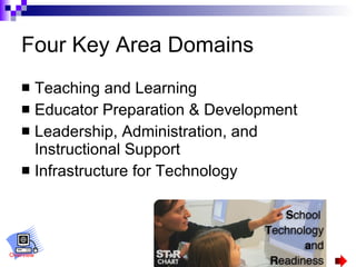 Four Key Area Domains Teaching and Learning Educator Preparation & Development Leadership, Administration, and Instructional Support Infrastructure for Technology Overview 
