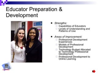Educator Preparation & Development Strengths:  Capabilities of Educators Levels of Understanding and Patterns of Use Areas of Improvement: Professional Development Experiences Models of Professional Development Technology Budget Allocated to Technology Professional Development Professional Development to Online Learning Overview 
