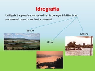 Idrografia
La Nigeria è approssimativamente divisa in tre regioni dai fiumi che
percorrono il paese da nord-est a sud-ovest.



                    Benue
                                                                       Kaduna


                                       Niger
 
