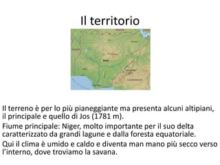Il territorio
Il terreno è per lo più pianeggiante ma presenta alcuni altipiani,
il principale e quello di Jos (1781 m).
Fiume principale: Niger, molto importante per il suo delta
caratterizzato da grandi lagune e dalla foresta equatoriale.
Qui il clima è umido e caldo e diventa man mano più secco verso
l’interno, dove troviamo la savana.
 