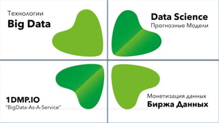 Монетизация данных
Биржа Данных
Data Science
Прогнозные Модели
	
  	
  
Технологии
Big Data
1DMP.IO
“BigData-As-A-Service”
 