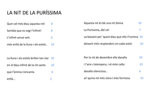 LA NIT DE LA PURÍSSIMA
Quin cel més blau aquesta nit! 8
Sembla que es vegi l’infinit! 8
L’infinit sense vels 6
més enllà de la lluna i els estels.. 10
La lluna i els estels brillen tan clar 10
en el blau infinit de la nit santa 10
que l’ànima s’encanta 6
enllà… 2
Aquesta nit és bé una nit divina 10
La Puríssima, del cel 7
va baixant per ‘queix blau que ella il·lumina 10
deixant més resplandors en cada estel. 10
Per la nit de desembre ella davalla 10
i l’aire s’atempera, i el món calla: 10
davalla silenciosa… 6
ai! quina nit més clara i més formosa. 10
 