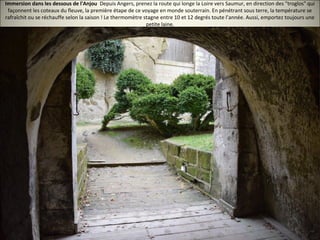 Immersion dans les dessous de l'Anjou Depuis Angers, prenez la route qui longe la Loire vers Saumur, en direction des "troglos" qui
façonnent les coteaux du fleuve, la première étape de ce voyage en monde souterrain. En pénétrant sous terre, la température se
rafraîchit ou se réchauffe selon la saison ! Le thermomètre stagne entre 10 et 12 degrés toute l’année. Aussi, emportez toujours une
petite laine.
 