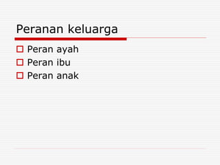 Peranan keluarga
 Peran ayah
 Peran ibu
 Peran anak
 