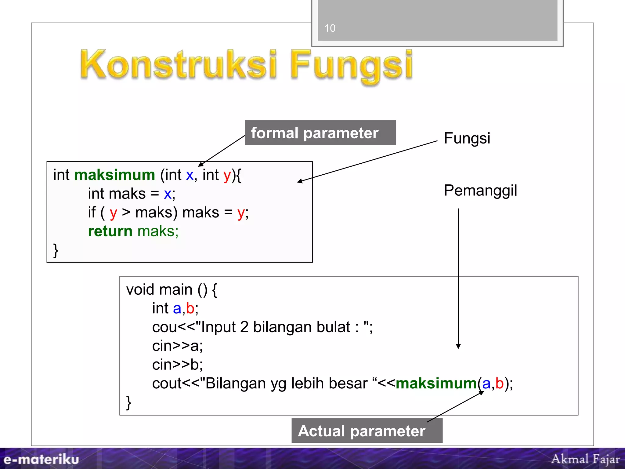  Contoh :
10
int maksimum (int x, int y){
int maks = x;
if ( y > maks) maks = y;
return maks;
}
void main () {
int a,b;
cou<<"Input 2 bilangan bulat : ";
cin>>a;
cin>>b;
cout<<"Bilangan yg lebih besar “<<maksimum(a,b);
}
Fungsi
Pemanggil
Actual parameter
formal parameter
 