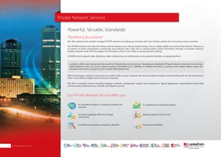 Private Network Services
We offer powerful and versatile managed IP/VPN solutions providing your business with near limitless speeds and connecting anyone anywhere.
Our IP/VPN solutions eliminate the distance barrier between your sites by implementing a secure, highly reliable and swift private network. Efficiency is
of essence to boost organizations’ productivity and networks play a key role in communicating critical information amongst its business divisions.
Speedy networks mean swift throughput of information, which in-turn leads to prompt decision making.
LCSWIN service supports data, telephony, video conferencing and multimedia on one powerful seamless converged platform.
MPLS technology is utilized to ensure service quality while security is assured with the use of data encryption and tunnelling even for low end services.
IPSec is used where a higher level of security is required.
We offer a complete solution including hardware, software, configuration support and maintenance. Typical applications implemented include Data
communication, Internet access, Intranet, and Extranet services.
LankaCom offers clear channel services as well as IP based data network services. Operating an islandwide IP based network connected via ultra-high
speed backbone links, our access network supports bandwidth up to 300Mbps in 64Kbps increments. Customers who require higher speeds are
provided with service via point to point wireless (Microwave) links.
Powerful, Versatile, Islandwide
"Redefining Boundaries"
Our Private Network Service offers you
A complete and customized solutionAn extended enterprise connecting intranets and
extranets
Increased employee efficiency through
connectivity
Scalability by seamlessly integrating networks
Reduced network service costs
Security and reliability
About Us | PAGE 01Private Network Service10
SMART
INTERNET FOR
BUSINESS
CLOUD
SERVICES
APPLICATION.
INFRASTRUCTURE.
WiFi
ACCESS
SOLUTIONS
IP-VPN
BRANCH
CONNECTIVITY
SYSTEM
INTEGRATION
SERVERS. ROUTERS.
CABLING. CCTV
DIGITAL MEDIA
SOLUTIONS
IPTV. MEDIA STREAMING.
DIGITAL SIGNAGE.
OPEN SOURCE
SERVER
SOLUTIONS
VIDEO
CONFERENCE
SOLUTIONS
WEB
SOLUTIONS
CMS. APPLICATION.
E-COMMERCE. HOSTING.
IT SECURITY
PENETRATION TESTING.
VULNERABILITY ASSESSMENT.
FIREWALLS.
DISASTER
RECOVERY &
BUSINESS
CONTINUITY
EMAIL
SOLUTIONS
CLOUD. HYBRID.
ON-PREMISES.
 