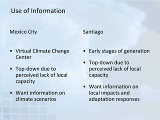 Use of Information
Mexico City

Santiago

• Virtual Climate Change
Center

• Early stages of generation

• Top-down due to
perceived lack of local
capacity
• Want information on
climate scenarios

• Top-down due to
perceived lack of local
capacity
• Want information on
local impacts and
adaptation responses

 